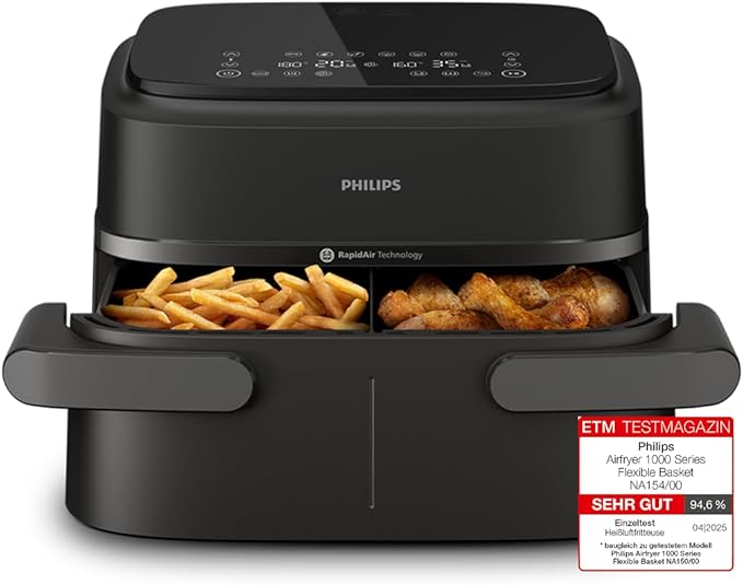 Philips Airfryer 1000 Series Flexible Basket - Heißluftfritteuse mit 7,1 L Fassungsvermögen, RapidAir-Technologie, 10 Kochfunktionen, 90% weniger Fett, kompaktes Design